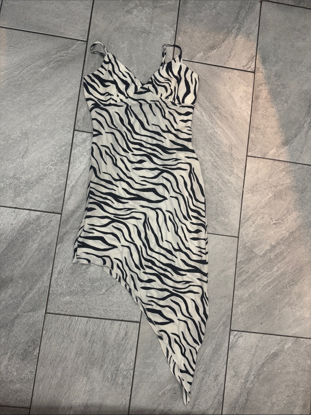Zebra Print Asymmetric Slip Dress - Black & White - L
